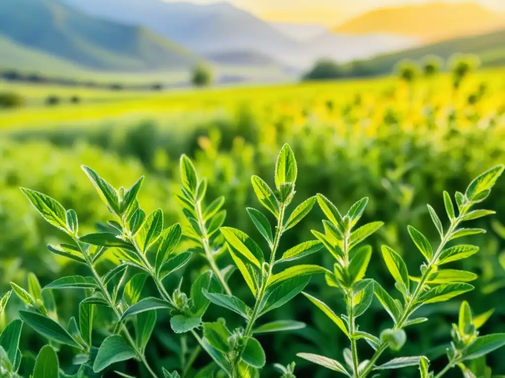 Detallada acuarela de campo de stevia bañado en luz dorada, evocando pureza natural