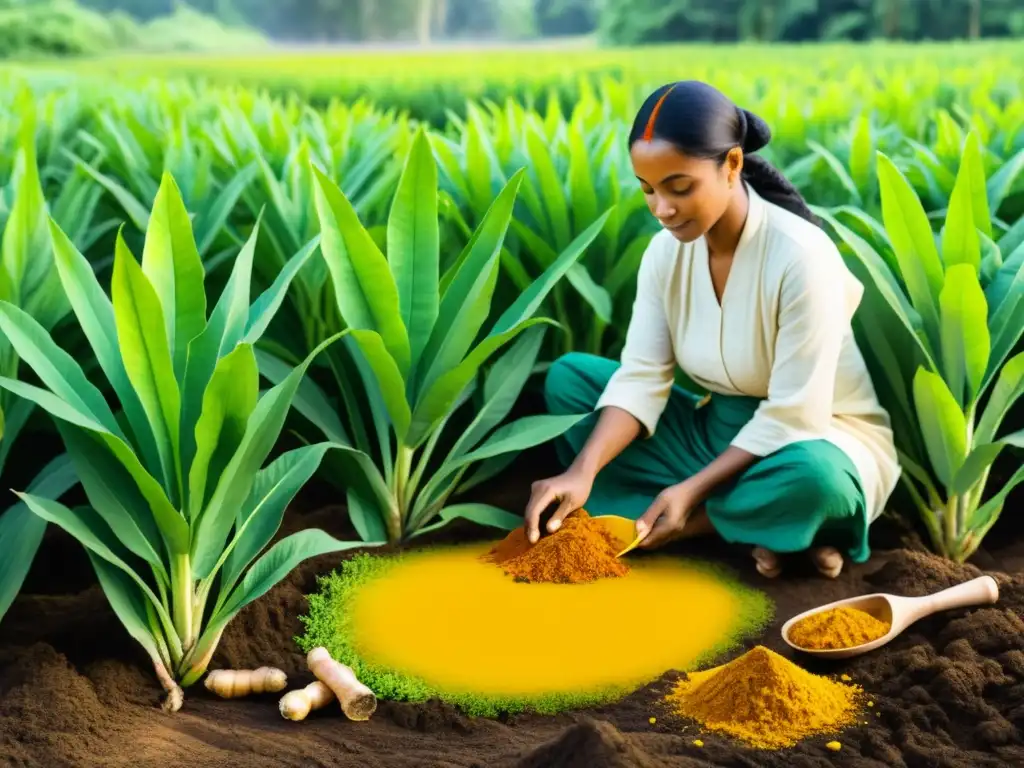 Detallada acuarela de un campo vibrante de cúrcuma, con raíces doradas y hojas verdes exuberantes