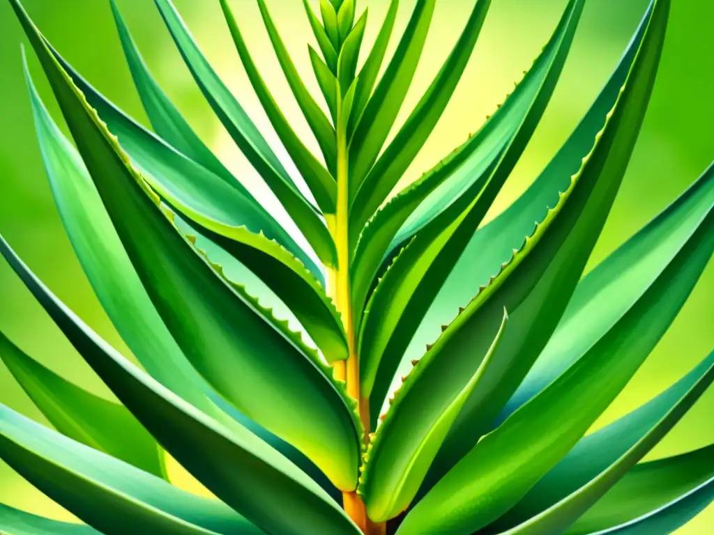 Detallada acuarela de un exuberante aloe vera, evocando belleza natural y los beneficios del aloe vera para beber