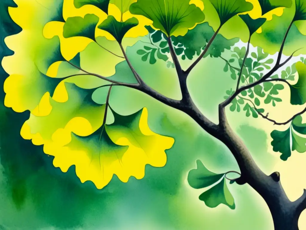 Detallada acuarela de un exuberante árbol ginkgo biloba en flor, emanando tranquilidad y belleza natural, beneficios ginkgo biloba memoria