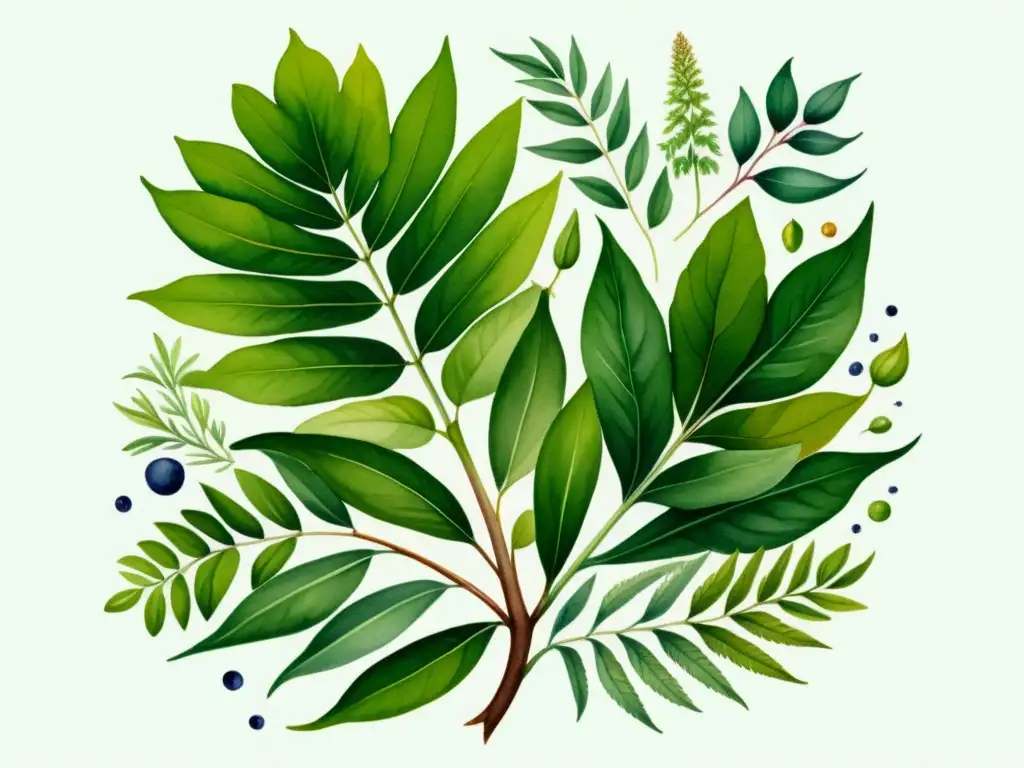 Detallada ilustración en acuarela de una exuberante planta medicinal rodeada de diversa flora, irradiando vitalidad