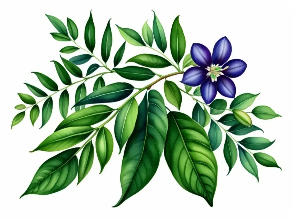 Detallada ilustración en acuarela de una exuberante planta Mucuna Pruriens con hojas aterciopeladas y flores moradas