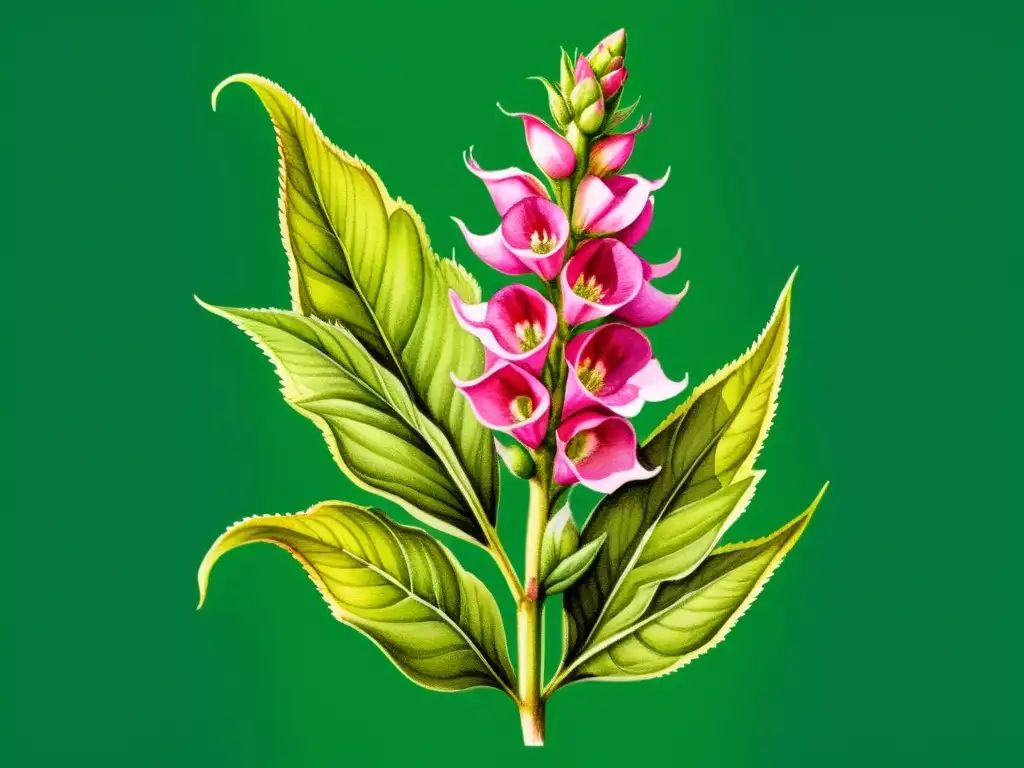 Detallada ilustración en acuarela de una exuberante planta digitalis purpurea con flores campaniformes en tonos morados y rosados, destacando su belleza natural y aplicaciones terapéuticas glicósidos cardíacos