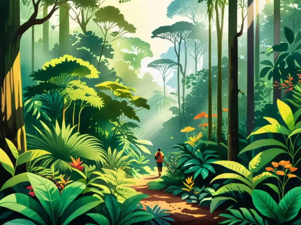 Un ilustración detallada en acuarela de un exuberante y vibrante escenario de selva tropical