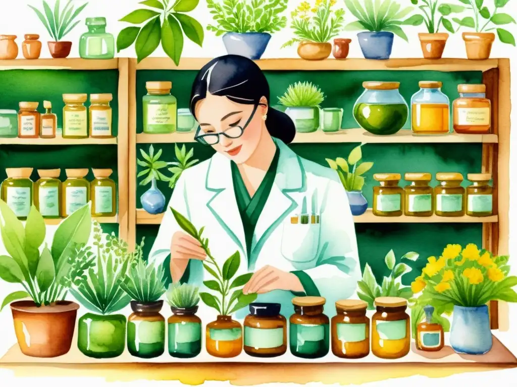 Un ilustración detallada en acuarela muestra a un farmacéutico seleccionando plantas medicinales