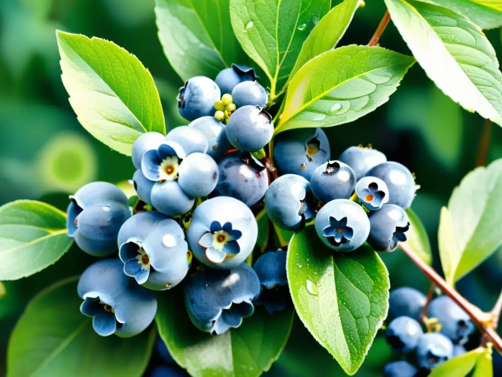 Detallada ilustración en acuarela de un grupo de jugosos arándanos azules rodeados de hojas verdes y flores blancas, con gotas de agua brillante