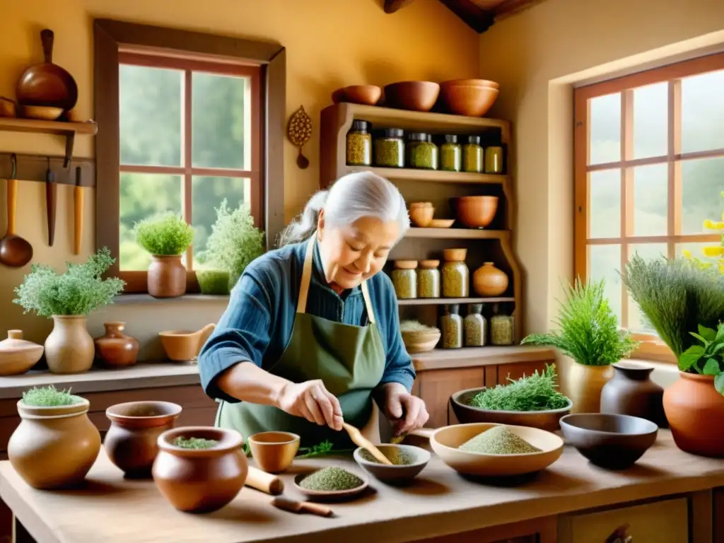 Herborista preparando remedio herbal con sabiduría Un ilustración detallada en acuarela de un herbolario anciano preparando cuidadosamente un remedio herbal especial en una acogedora cocina soleada