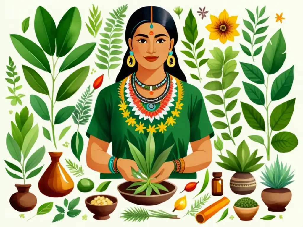 Un ilustración detallada en acuarela de un herbolario azteca preparando remedios tradicionales con plantas vibrantes