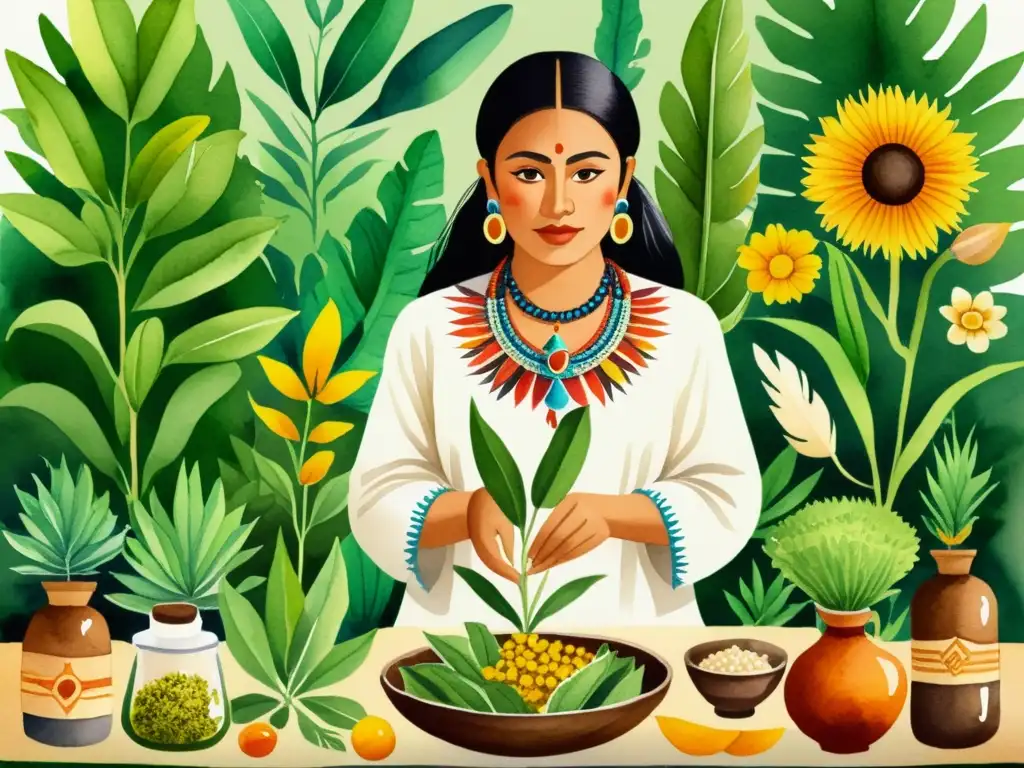 Un ilustración detallada en acuarela de un herbolario mexica rodeado de exuberantes plantas medicinales, preparando remedios con técnicas ancestrales