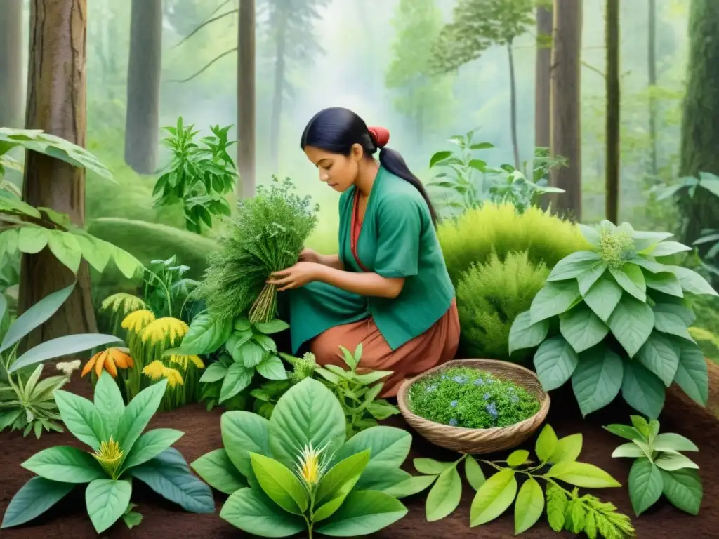 Un ilustración detallada en acuarela de un herbolario tradicional seleccionando plantas medicinales en un bosque exuberante