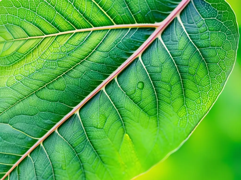 Detallada acuarela de una hoja verde con nanotecnología entrelazada, resaltando la sinergia de la naturaleza y la tecnología en aceites esenciales