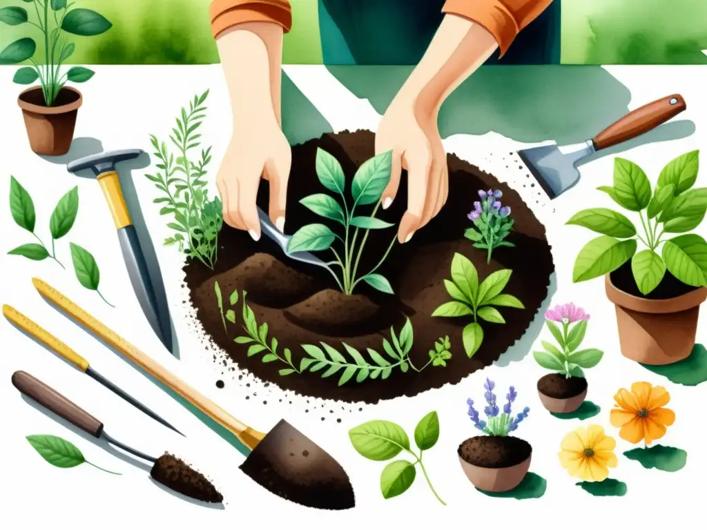 Preparando la Tierra: Ilustración Acuarela de un Jardinero Un ilustración detallada en acuarela de un jardinero preparando la tierra para plantar hierbas y flores aromáticas