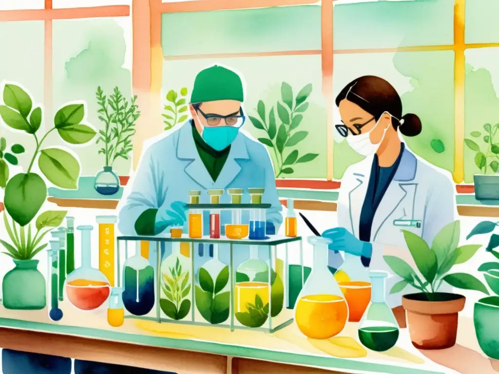 Ilustración detallada en acuarela de un laboratorio con científicos trabajando en análisis genético y bioquímico de plantas medicinales