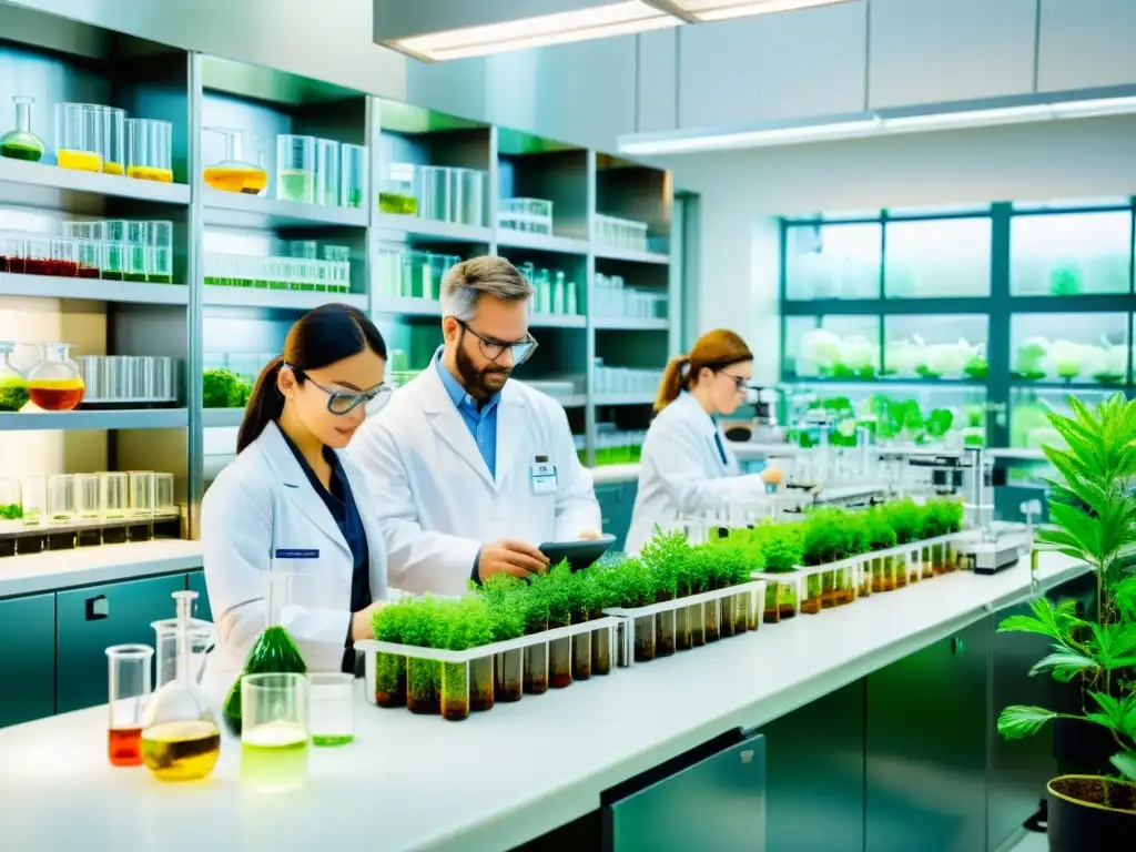 Detallada ilustración en acuarela de un laboratorio con científicos trabajando en la extracción de principios activos en plantas medicinales