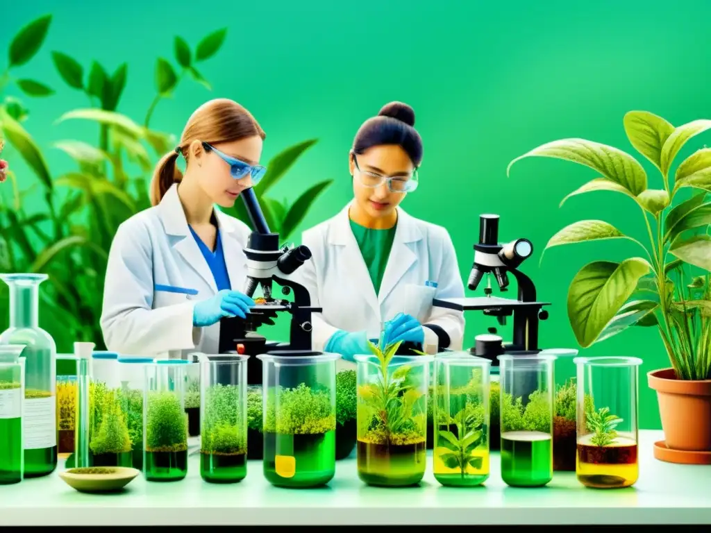 Ilustración detallada en acuarela de un laboratorio con científicos extrayendo material genético de plantas medicinales