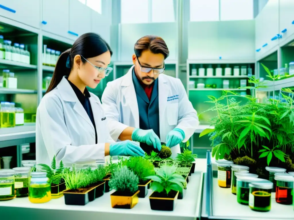 Detallada acuarela de laboratorio con conservación de plantas medicinales mediante criopreservación