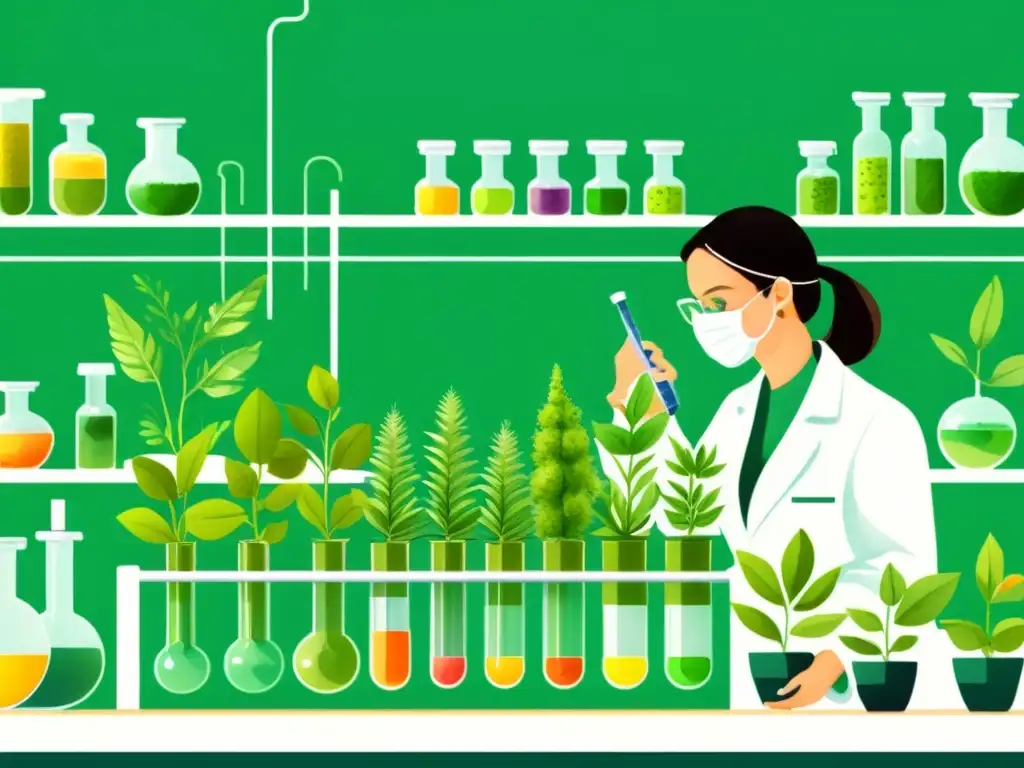 Un ilustración detallada en acuarela de un laboratorio de vanguardia, con científicos analizando compuestos vegetales y datos genéticos para crear tratamientos herbales personalizados