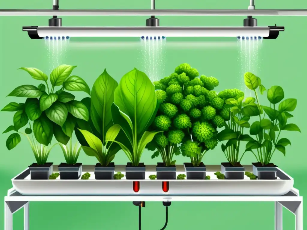 Detallada ilustración en acuarela de un moderno sistema hidropónico en plena floración, rodeado de exuberante vegetación y vibrantes hierbas
