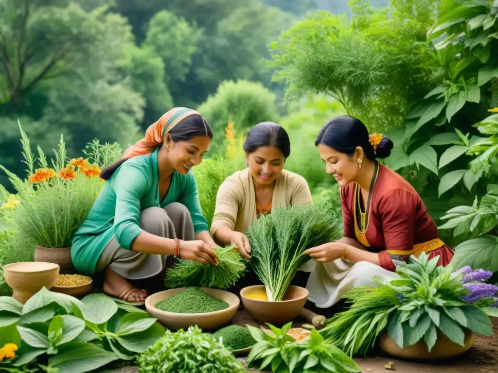 Reunión de mujeres preparando hierbas en acuarela Detallada acuarela de mujeres preparando hierbas en un entorno natural