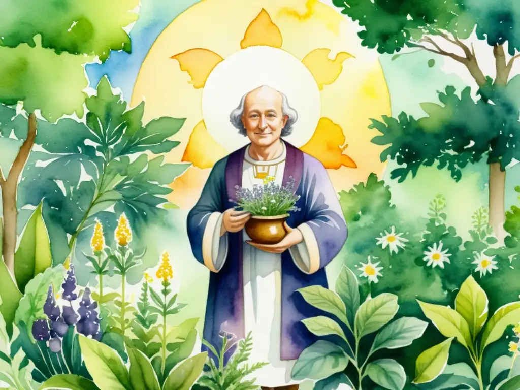 Ilustración detallada en acuarela de Paracelsus rodeado de exuberante vegetación, con plantas medicinales en un ambiente tranquilo y místico