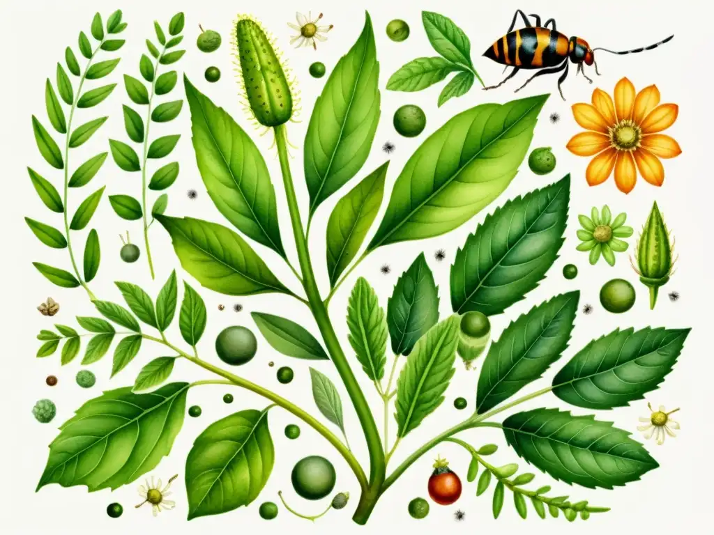 Ilustración detallada en acuarela de una planta medicinal rodeada de plagas comunes como pulgones, ácaros y orugas