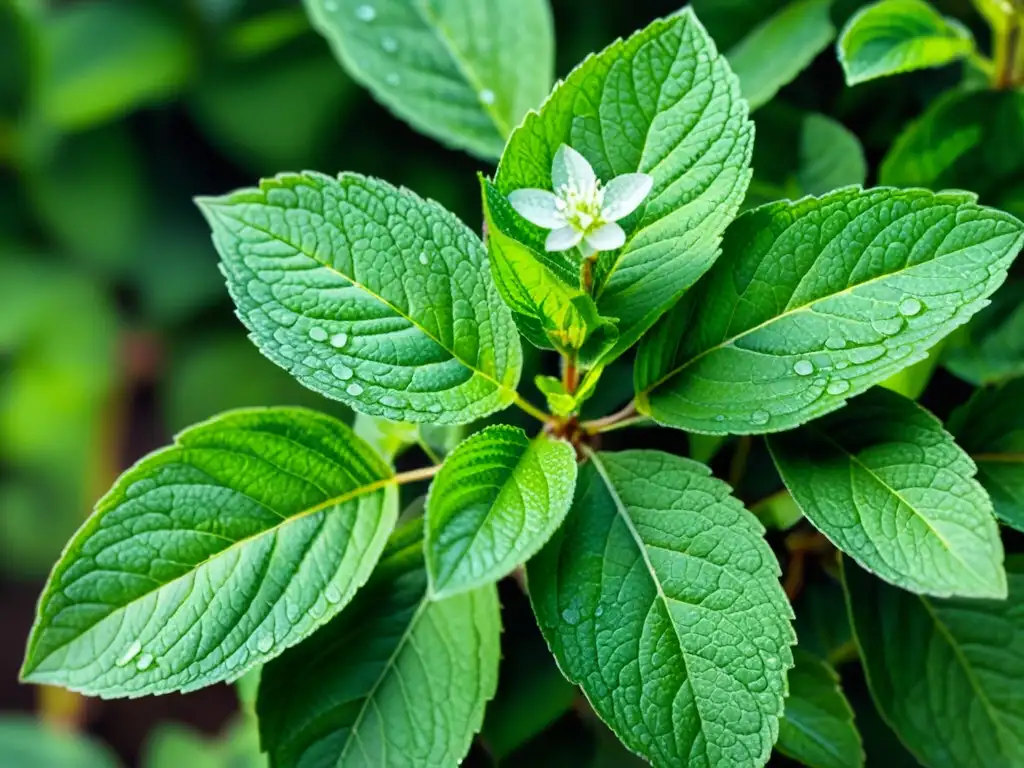 Detallada acuarela de una planta de menta verde vibrante con hojas delicadas y pequeñas flores blancas