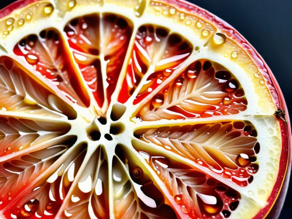 Detallada acuarela de pomelo rojo jugoso, con gotas de jugo brillante y frescura realista