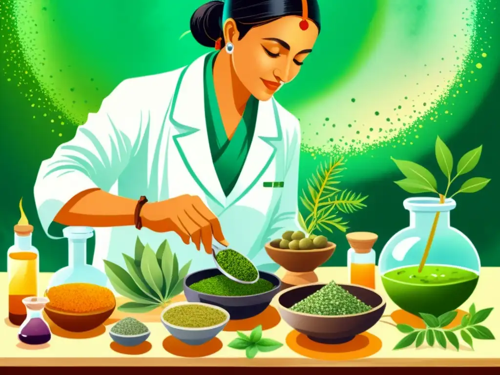 Un ilustración detallada en acuarela de un practicante de Ayurveda tradicional indio mezclando hierbas y preparando medicina en un laboratorio, rodeado de partículas y moléculas nanotecnológicas