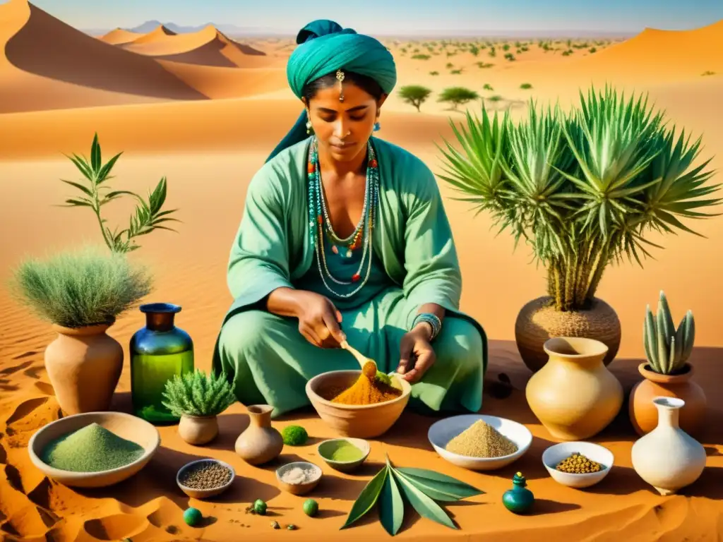 Un ilustración detallada en acuarela de un sanador nómada en el desierto del Sahara, rodeado de plantas medicinales