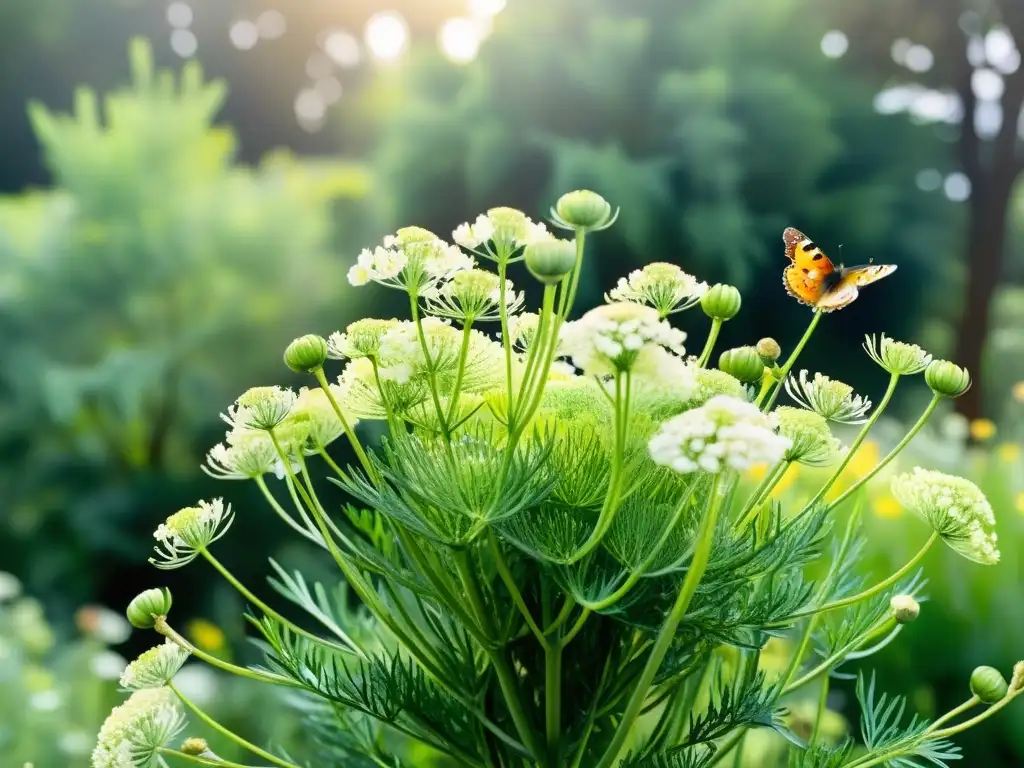 Detallada acuarela de un jardín sereno con exuberante hinojo en flor