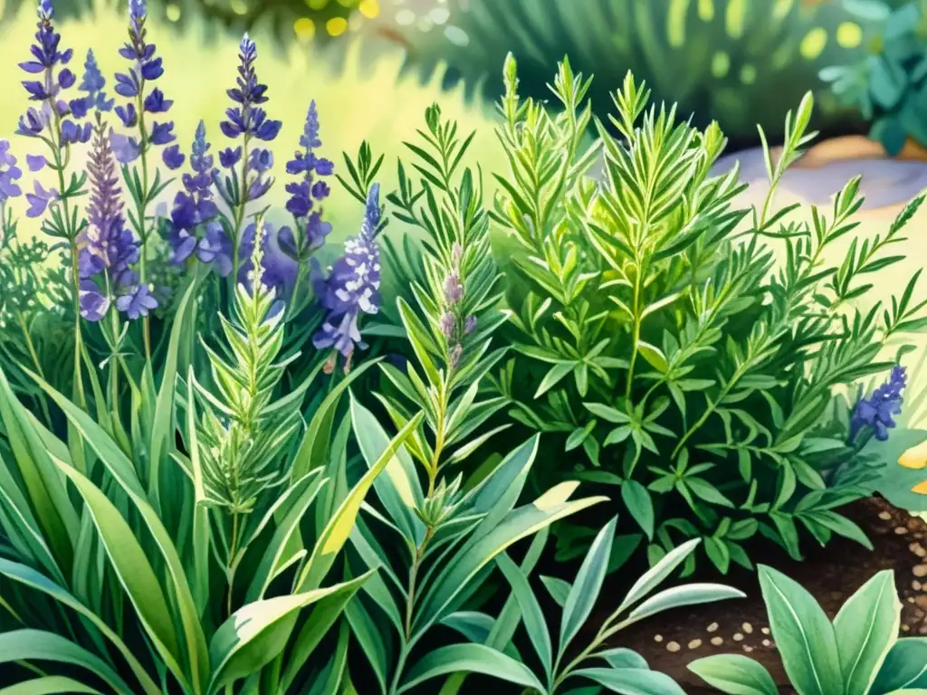 Una detallada acuarela de un sereno jardín con hierbas vibrantes como romero, lavanda y tomillo