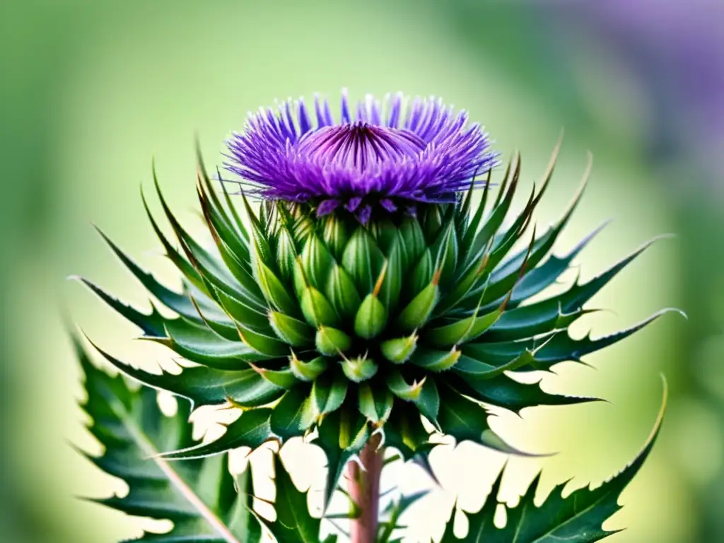 Detallada acuarela de un cardo verde vibrante con gotas de rocío, transmitiendo serenidad y beneficios para la función cognitiva