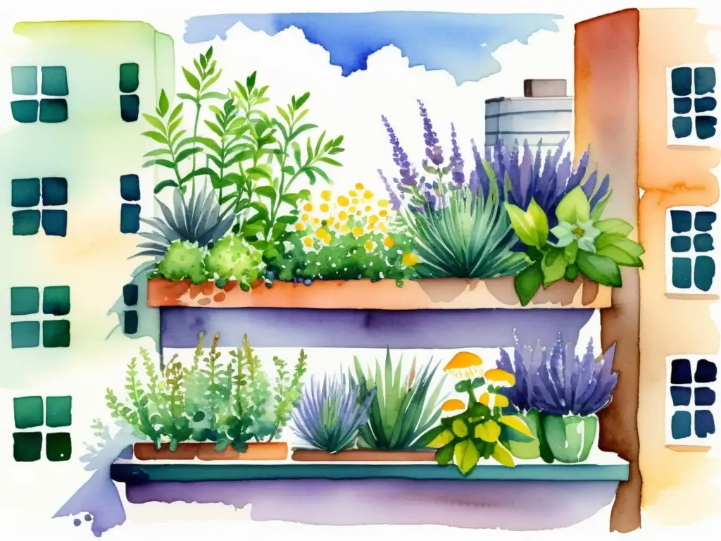 Detallada ilustración en acuarela de un jardín vertical de plantas medicinales en un balcón urbano