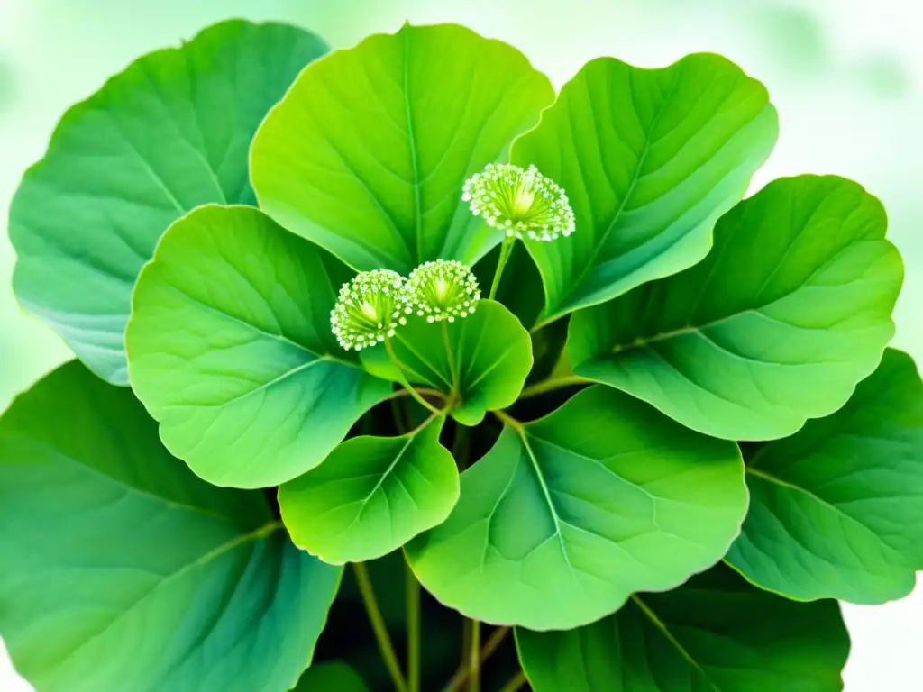 Detallada acuarela de una vibrante centella asiática con hojas redondeadas y flores delicadas, en un ambiente sereno y etéreo