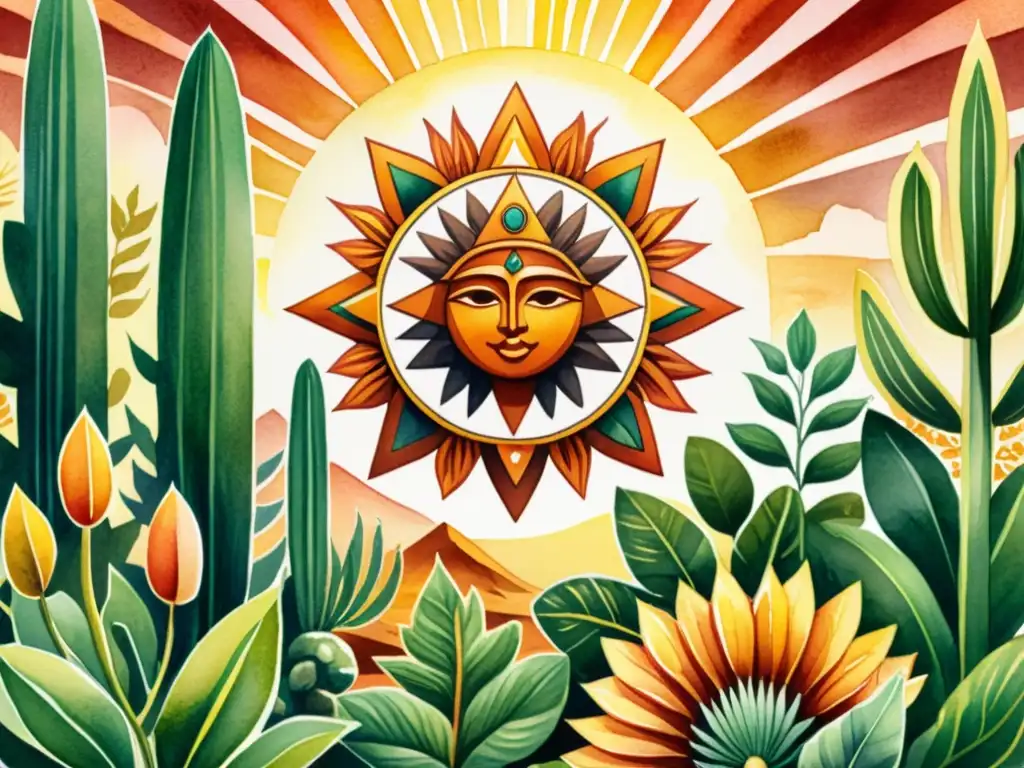 Ilustración detallada en acuarela de un vibrante y complejo Calendario Azteca rodeado de exuberantes plantas y cultivos, con un toque etéreo