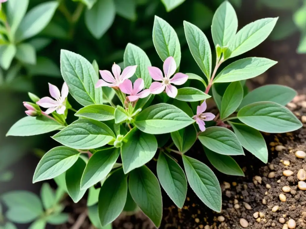 Detallada ilustración de una agrupación de plantas de saponaria con hojas verdes vibrantes y delicadas flores rosadas en forma de estrella