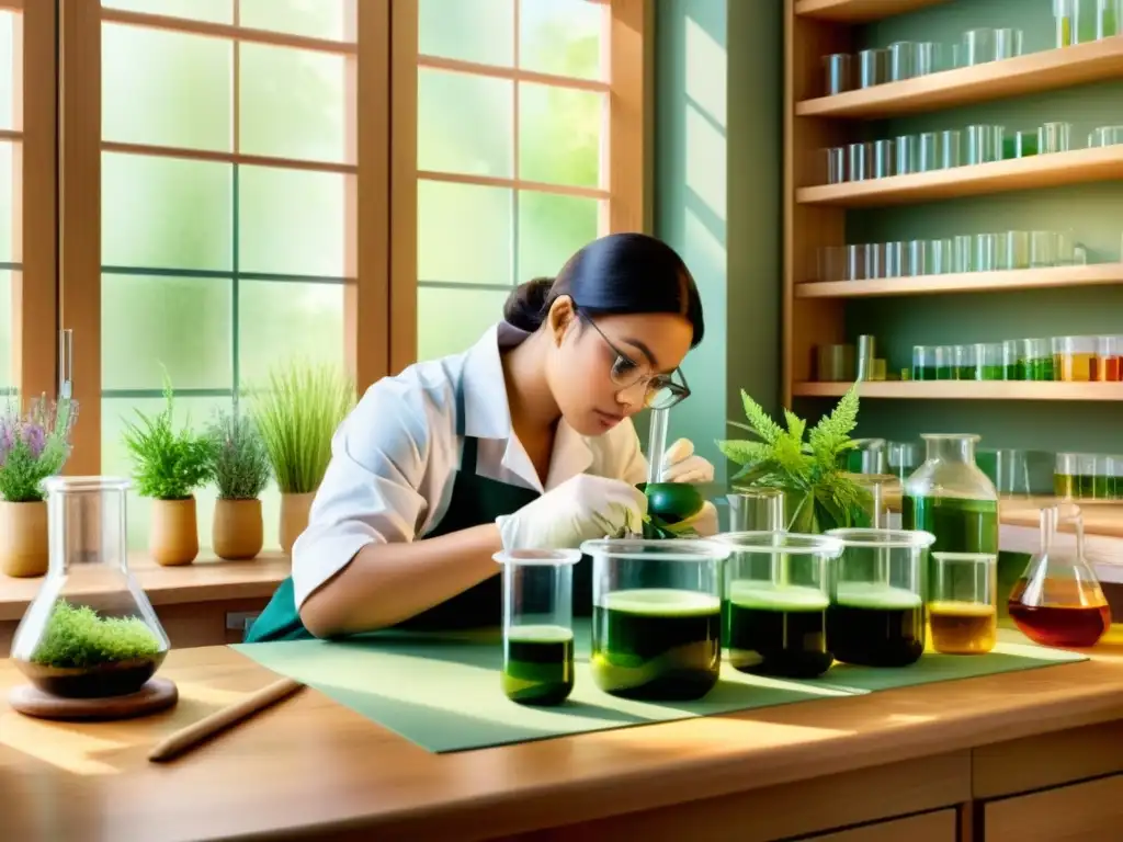 Un ilustración detallada al agua de un técnico de laboratorio midiendo y mezclando ingredientes botánicos en vasos y tubos de ensayo