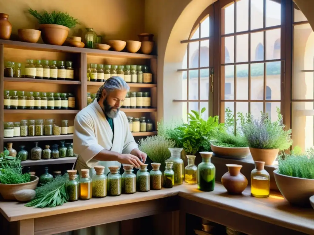 Detallada ilustración acuarela de una antigua botica romana con hierbas medicinales cultivadas para aplicaciones terapéuticas