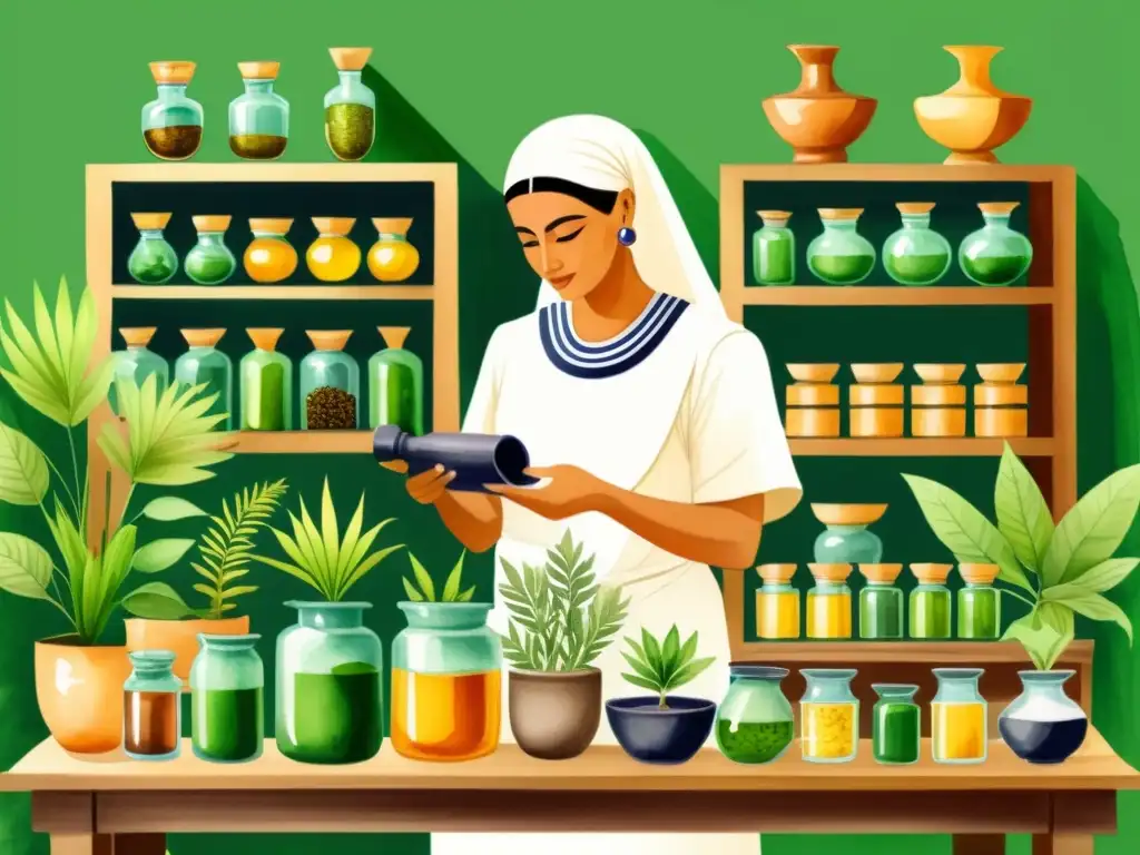 Detallada ilustración acuarela de un antiguo boticario egipcio mezclando plantas medicinales