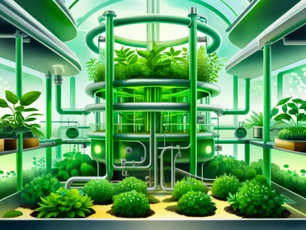 Ilustración detallada de biorreactor con plantas verdes en entorno futurista