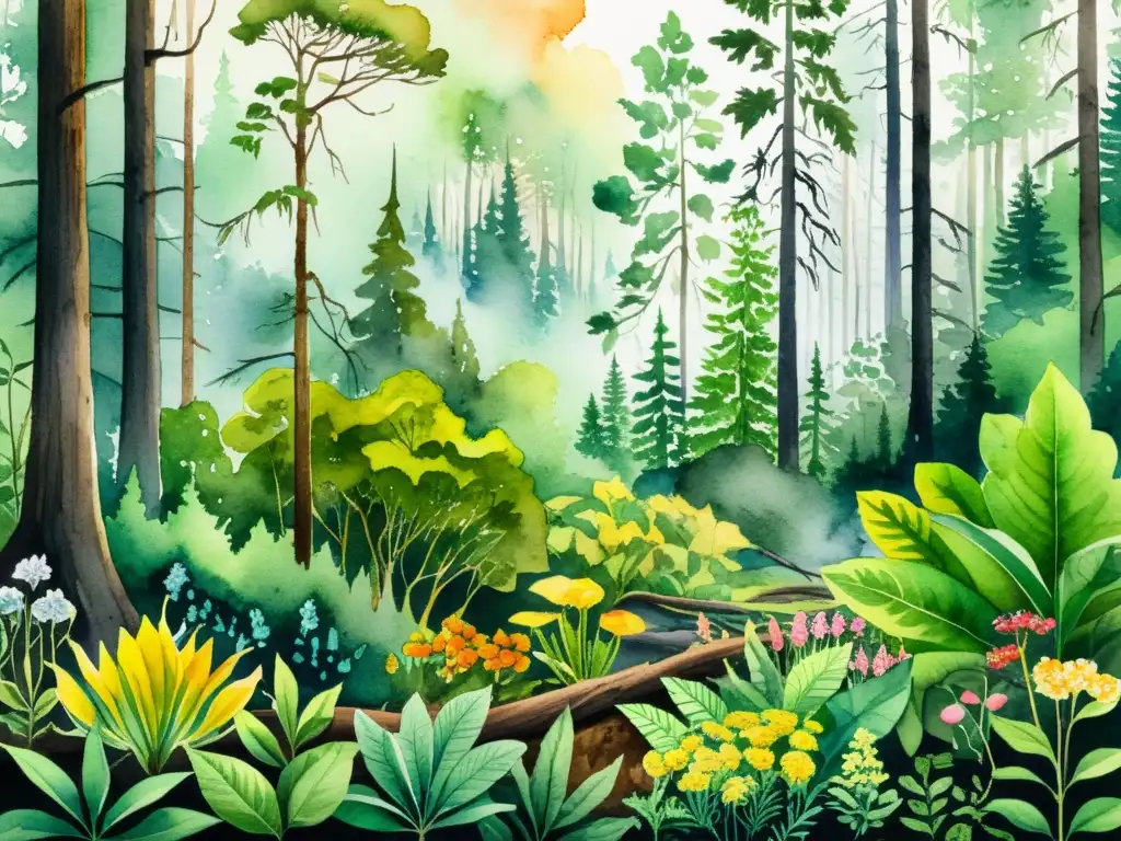 Detallada ilustración acuarela de un bosque diverso con plantas medicinales, impactado por incendios forestales, resaltando la biodiversidad