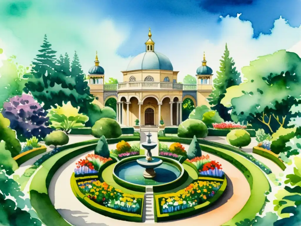 Jardín botánico renacentista: acuarela detallada Detallada ilustración de una bulliciosa huerta renacentista con diversidad de plantas y flores