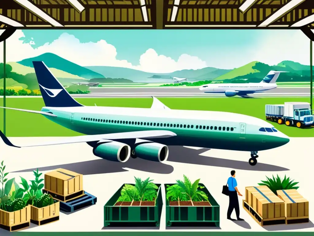 Ilustración detallada de un bullicioso aeropuerto internacional donde se cargan plantas en aviones, con funcionarios supervisando el cumplimiento de regulaciones internacionales de exportación de plantas medicinales, en un entorno natural y global