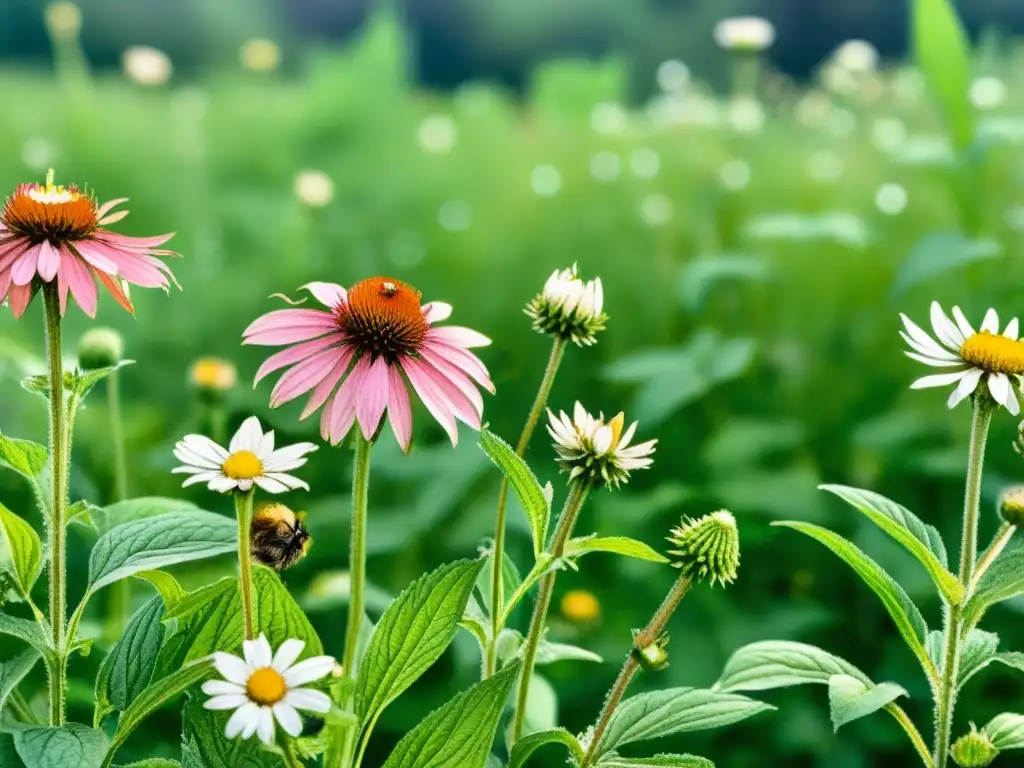 Detallada ilustración acuarela de campo exuberante con plantas medicinales certificadas, resaltando la importancia de las certificaciones ecológicas