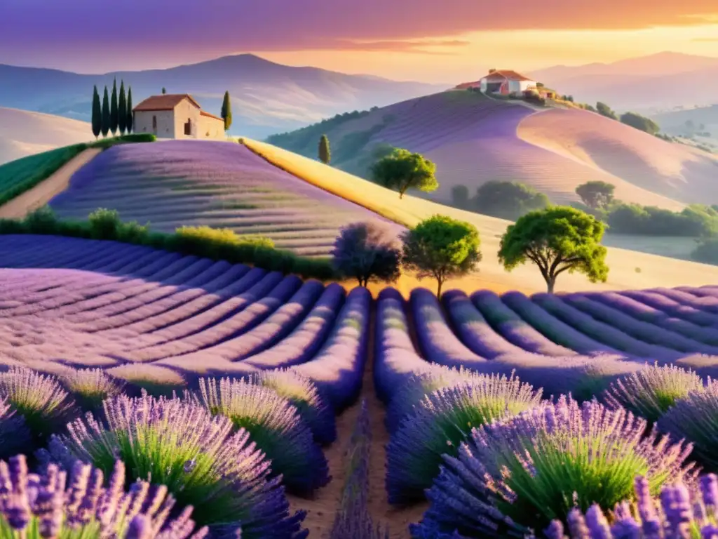 Detallada ilustración de un campo de lavanda al atardecer, con flores moradas y luz dorada, evocando paz