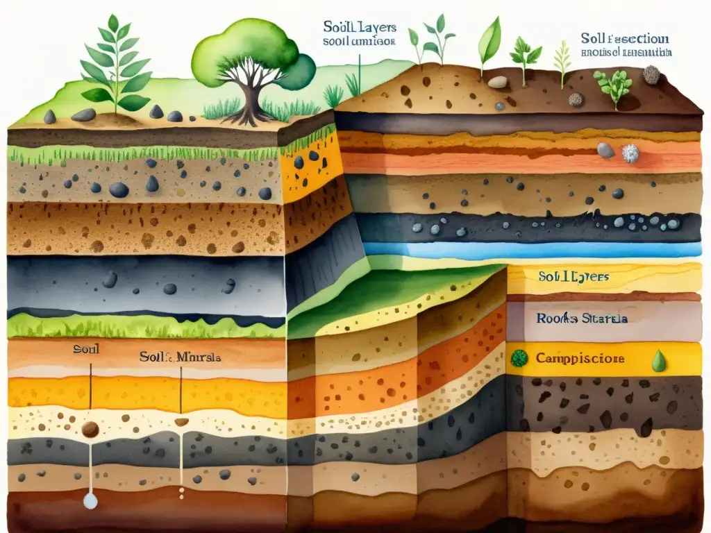 Detallada ilustración acuarela de capas de suelo, con microorganismos, raíces y minerales