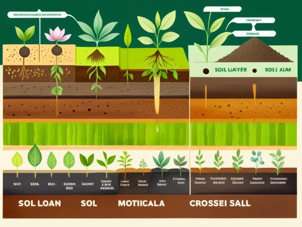 Detallada ilustración acuarela de capas de suelo para preparación suelos jardines medicinales, con plantas y raíces entrelazadas