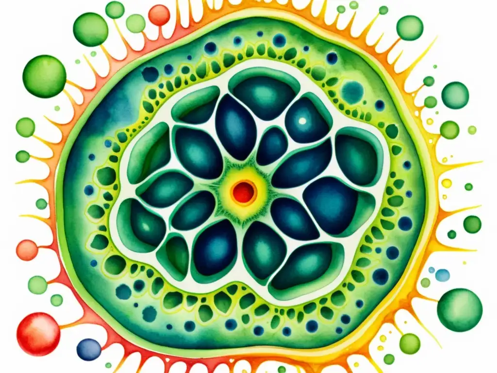 Detallada ilustración acuarela de una célula vegetal, resaltando los principios activos de plantas medicinales