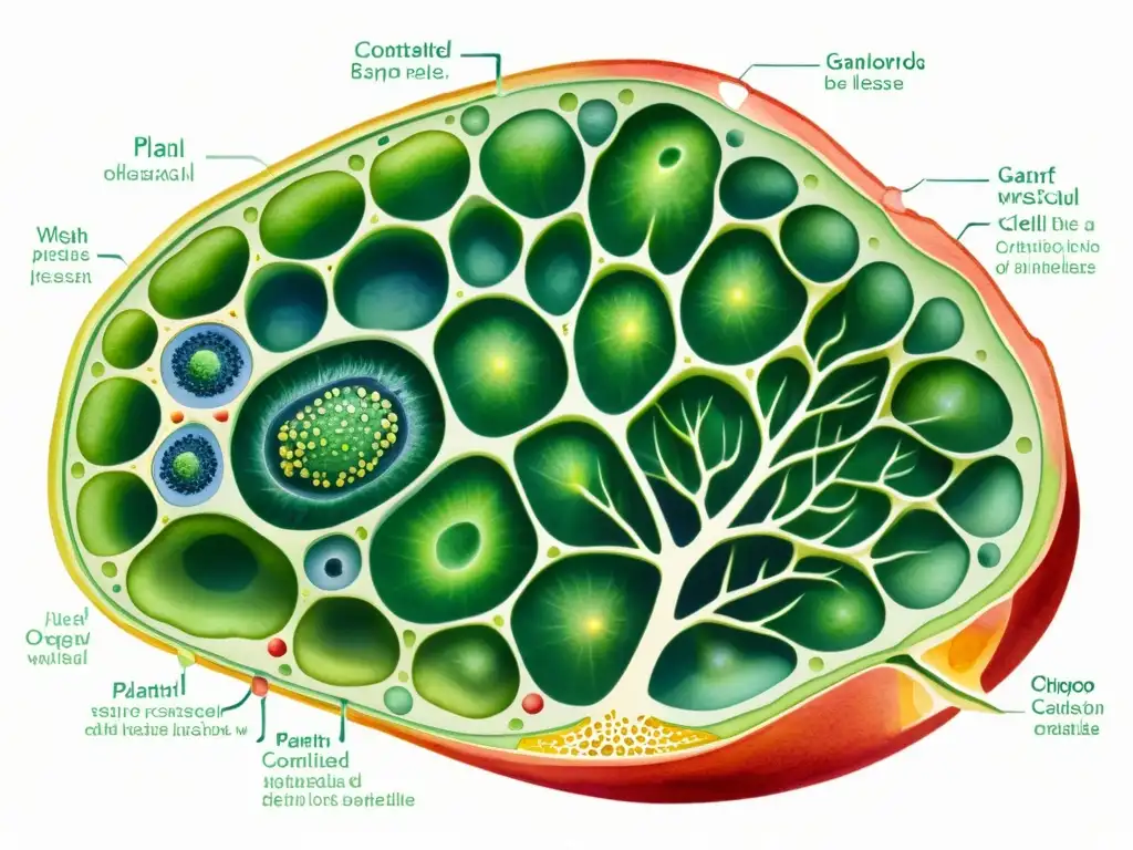 Detallada ilustración acuarela de una célula vegetal, destacando la red intrincada de paredes celulares, cloroplastos y organelos, resaltando el potencial de las tecnologías de liberación controlada en fitoterápicos