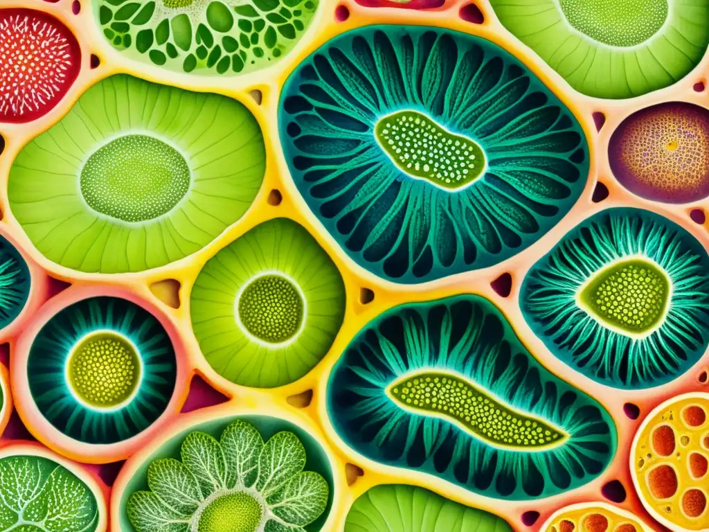 Detallada ilustración acuarela de células vegetales, destacando su estructura y colores vibrantes